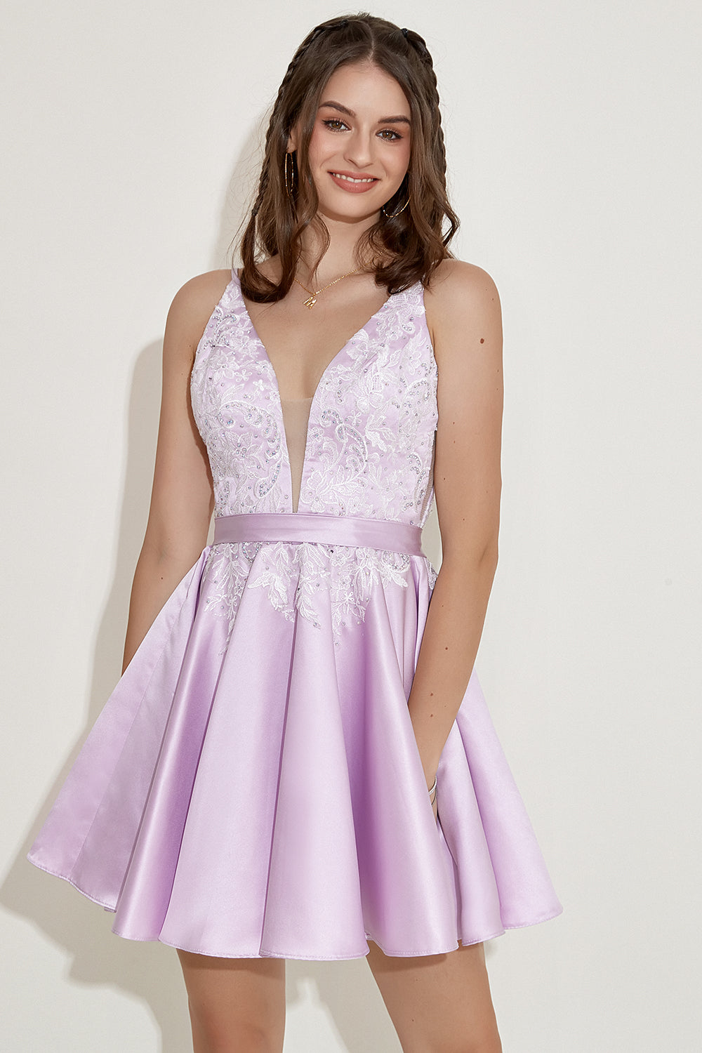 Purple Beading Satin Homecoming Dress with Appliques