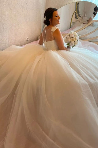 White Ball Gown Wedding Dress Tulle With Beads