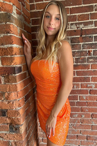 Bodycon Strapless Orange Sequins Short Homecoming Dress
