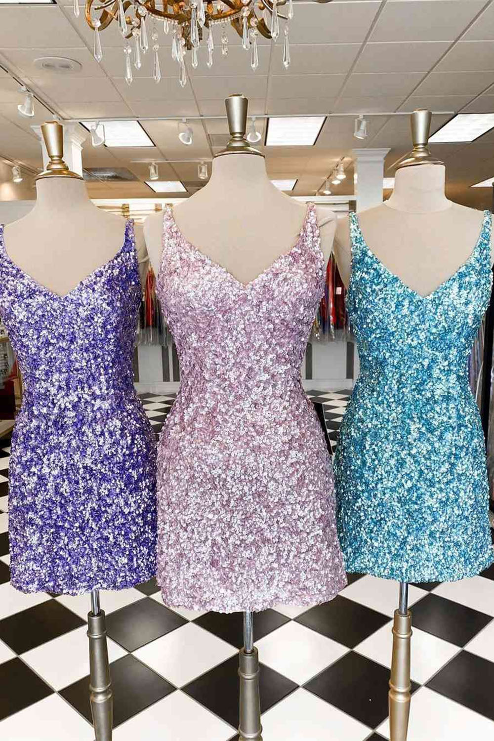 Royal Blue V Neck Sequins Homecoming Dress