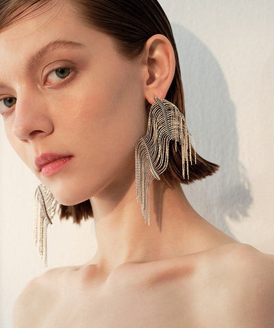 Stylish Silvery Tasseled Asymmetrical Design Metal Drop Earrings