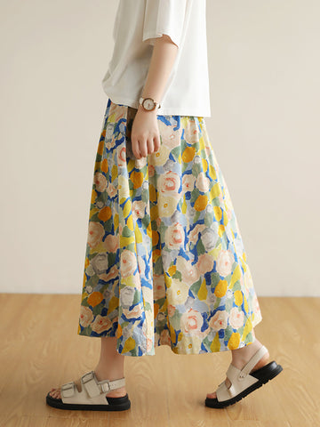 Summer Women Artsy Flower Drawstring Pocket Skirt