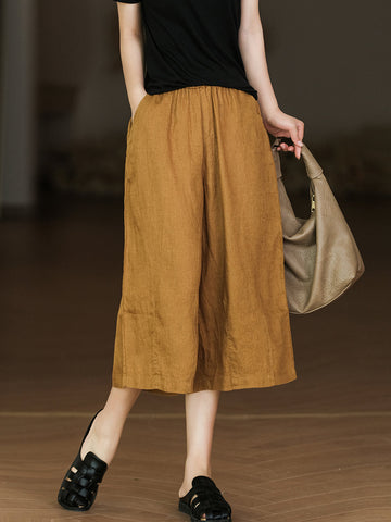 Women Summer Solid Casual Pocket Wide-leg Linen Pants