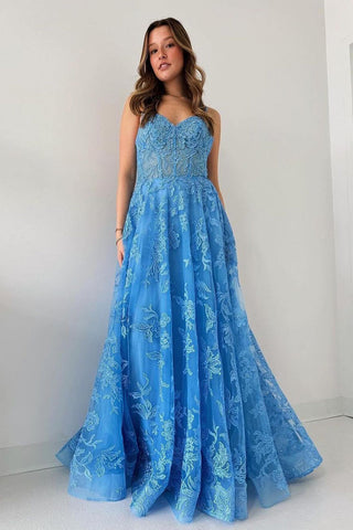 Spaghetti Straps Tulle Appliques Long Prom Dresses