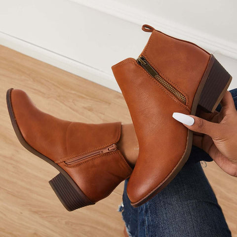 Chunky Block Heel Ankle Boots Side Zipper Booties