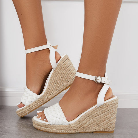 Open Toe Espadrille Wedges Braided Vamp Ankle Strap Sandals