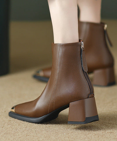 Frauen Reißverschluss Spleißen Elegante Chunky Stiefel Braun Rindsleder