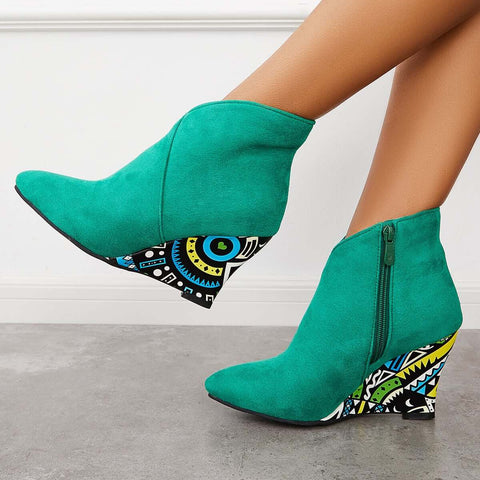 Suede Wedge High Heeled Ankle Boots Pointed Toe Dress Booties