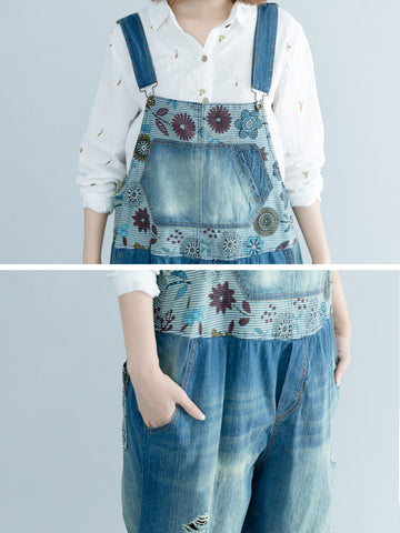 Women Summer Vintage Flower Spliced Frayed Denim Jumpsuits