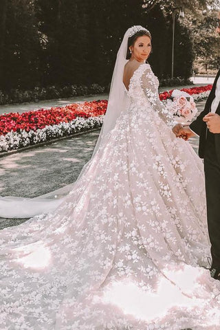 Long Sleeves V-Neck Ball Gown Wedding Dress With Appliques