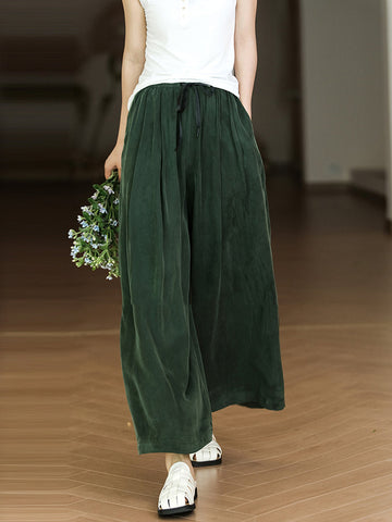 Women Solid Pleat Drawstring Pocket Loose Straight-leg Pants