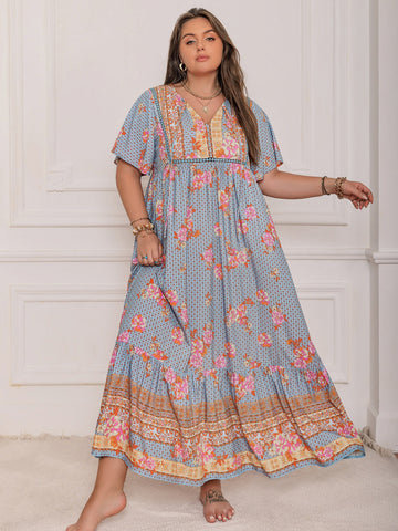Plus Size Floral Sleeve Beach Maxi Dress
