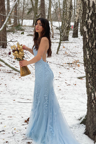 Mermaid Spaghetti Straps Blue Long Prom Dress with Backless