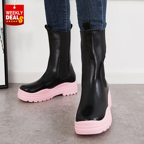 Platform Lug Sole Mid Calf Chelsea Boots Chunky Block Heel Booties