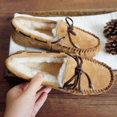 Cozy Slip On Bow-Knot Thick Wool Pea Lazy Winter Shoes