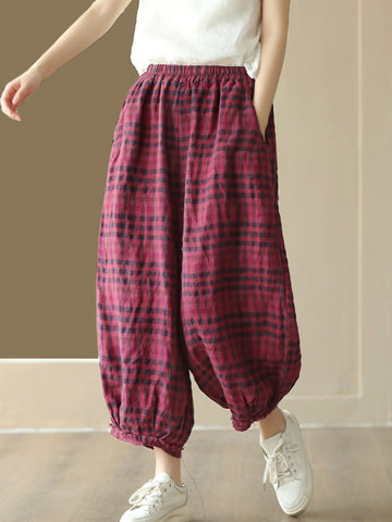 Women Summer Vintage Pocket Plaid Linen Harem Pants