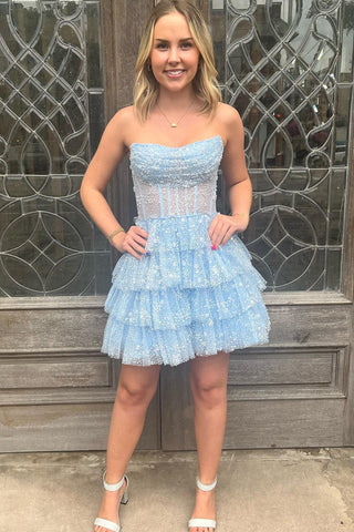Cute A Line Strapless Lilac Corset Homecoming Dress with Ruffles
