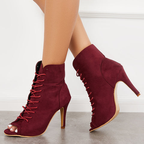 Peep Toe Stiletto High Heel Ankle Boots Lace Up Booties
