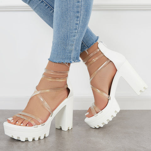 Block Lug Sole Chunky Heels Transparent Ankle Strap Sandals