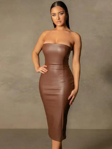 Pu Faux Leather Women Midi Party Dress Women Backless Sexy Hot Clubwear Skinny Slim Solid Fashion Elegant Bodycon Dresses