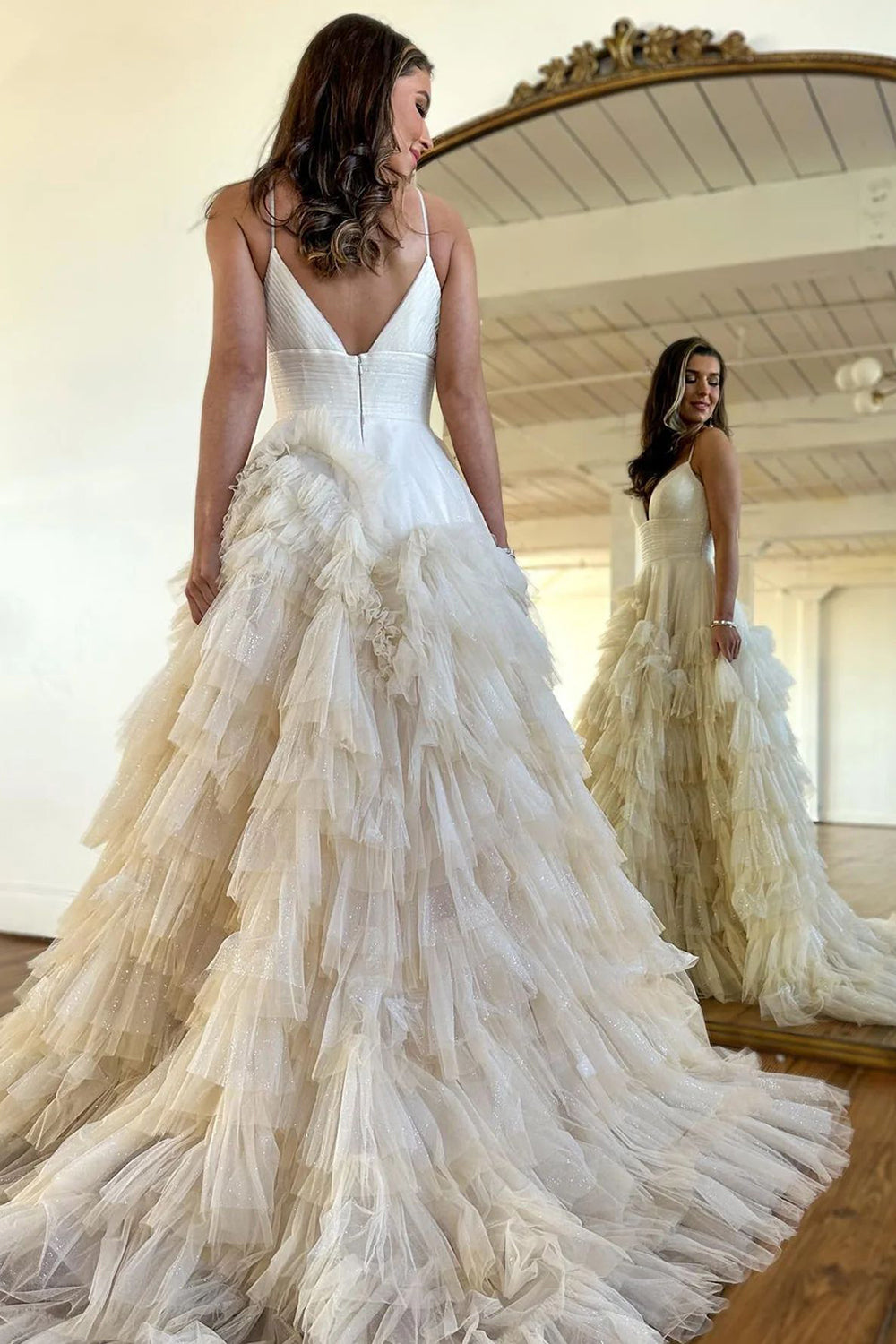 A Line Spaghetti Straps Pink Long Prom Dress with Ruffles