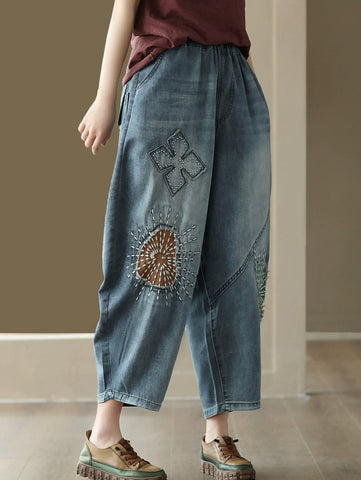 Women Summer Retro Patch Stitching Pocket Denim Pants