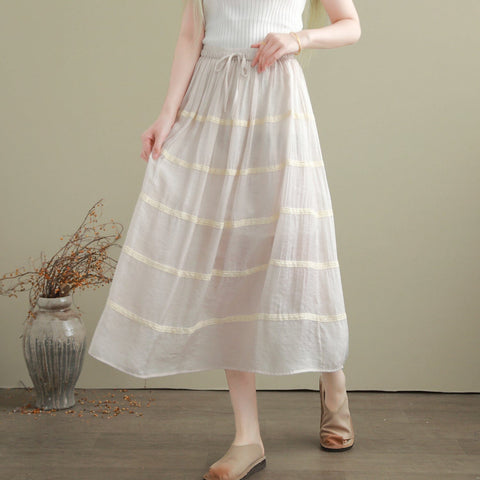Summer Casual Cotton Linen Patchwork A-Line Skirt