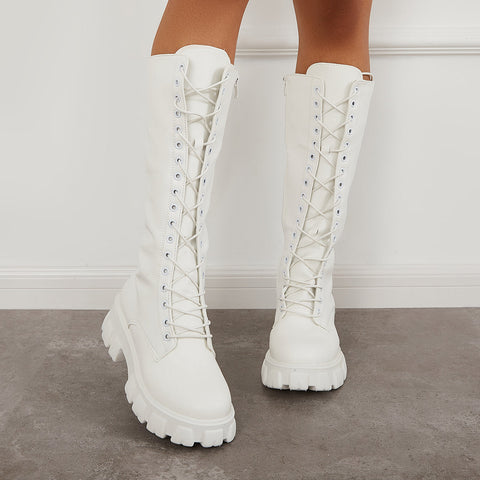 Lace Up Platform Heel Knee High Boots Lug Sole Combat Boots