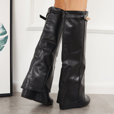 Women Pointed Toe Fold Over Wedge Heel Knee High Boots