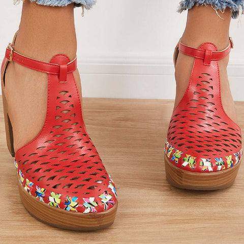 Platform Block Chunky High Heels Ankle T-Strap Cutout Sandals