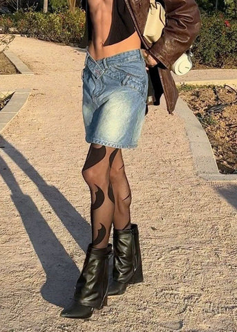 Italian Blue Pockets Hollow Out Patchwork Denim Skirts Summer