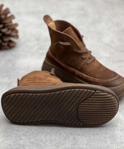Unique Cross Strap Platform Boots Warm Fleece Coffee Cowhide Leather