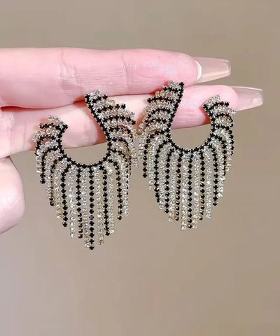 Oversize Copper Zircon Asymmetrical Geometry Tassel Hoop Earrings