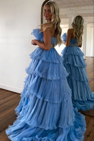 Trendy A-Linie trägerloses blaues langes Ballkleid mit Perlenbesatz