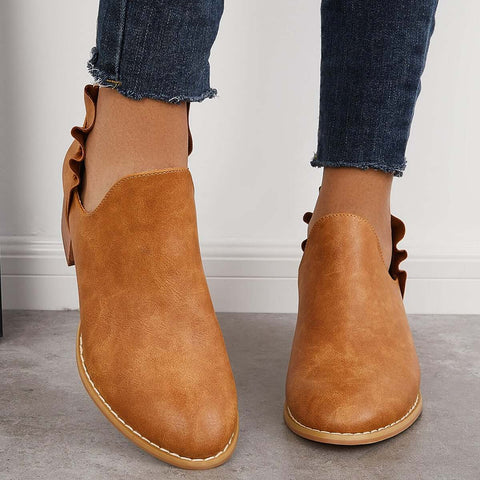 V-Cut Ruffle Ankle Boots Slip on Chunky Stacked Heel Booties
