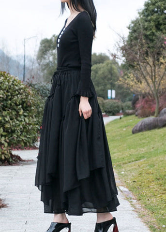 Fine Black Wrinkled Asymmetrical Patchwork Chiffon Skirts Summer
