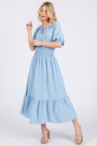 Blue Elastic Waist Tie Neck Puff Sleeve Midi Resort Dress