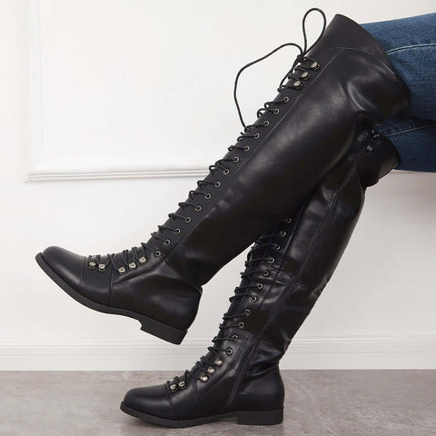 Chunky Heel Lace Up Over The Knee Thing High Riding Boots