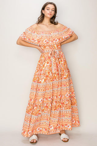 Floral Off-Shoulder Tie Front Boho Maxi Beach Dress