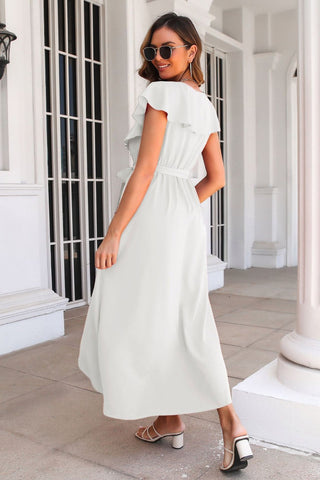 Midikleid mit Schlitz, Rüschen und Überschlag