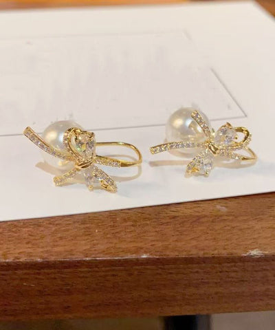 Fashion Gold Copper Overgild Zircon Bow Pearl Stud Earrings