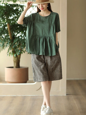 Women Summer Stripe Pocket Vintage Loose Linen Short Pants