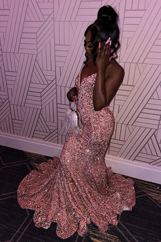Mermaid Sweetheart Pink Sequins Long Prom Dress
