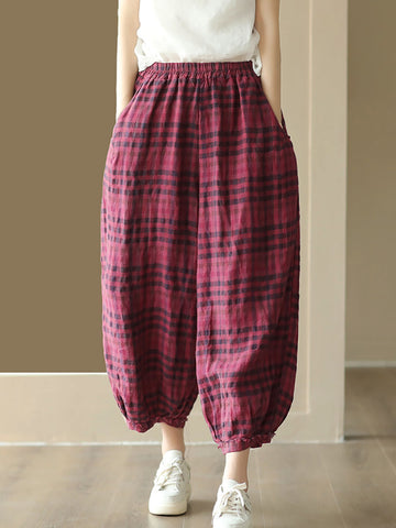 Women Summer Vintage Pocket Plaid Linen Harem Pants