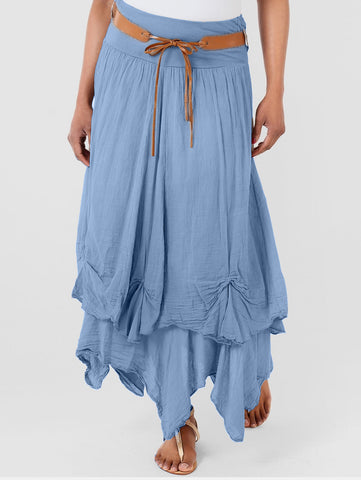Casual Plain Asymmetrical Layered Hem Loose Midi Skirt