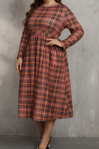 Plus Size Plaid  Long Sleeve Midi Dress