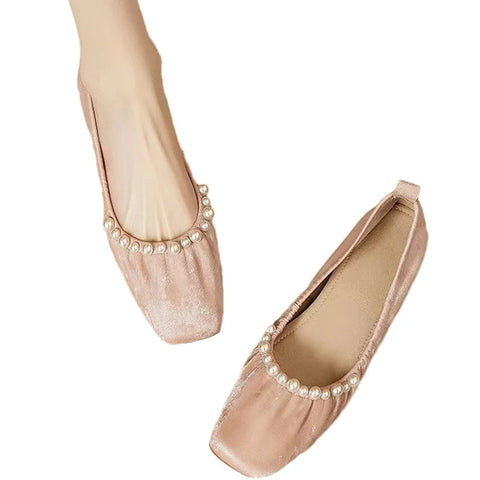 Women Bead Square Toe Flats Shoes Shallow Elegant Ballet Dance Soft Sole Shoes 2024 Autumn Dress Party Shoes Comfort Zapatos