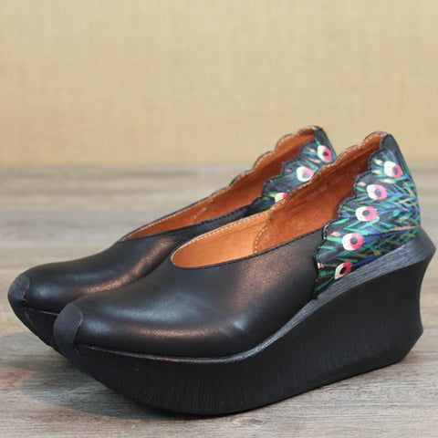Women Wedge Peacock Tail Print Sewing Casual Shoes