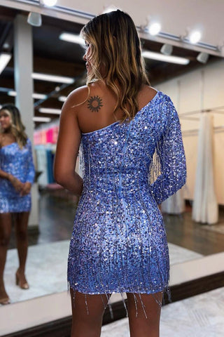 Sparkly Bodycon One Shoulder Black Sequins Short Homecoming Dress with Tassel