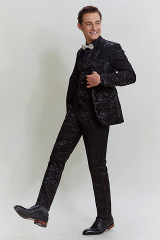 Schwarzer 3-teiliger Jacquard-Anzug mit Jacke, Weste und Hose für Herren